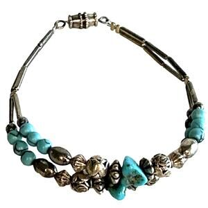 Vintage Silver and Turquoise Bracelet Barrel Closure 7.5" MCM 90s Western Aztec